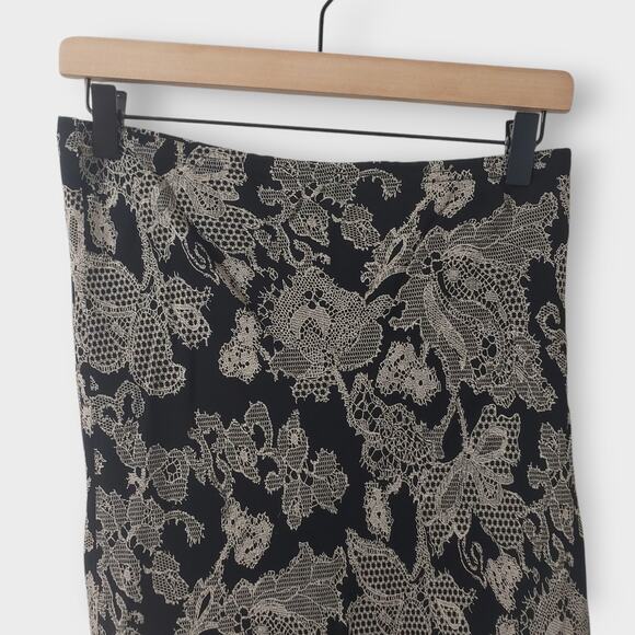 Newport News Asymmetrical Ruffled Mesh Dark Floral Midi Skirt Black Grey Medium - Picture 2 of 9